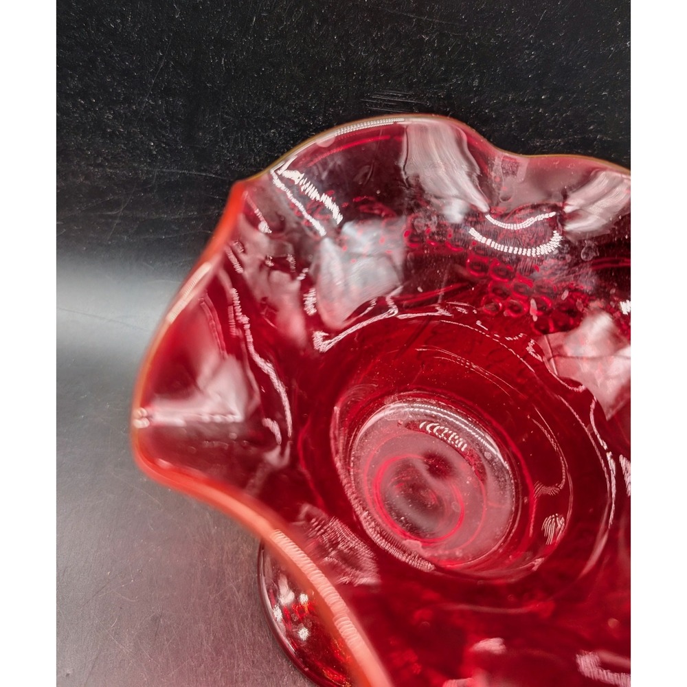 Ruby Red Glass Compote Ruffled Rim Grapevine Pattern Pedestal Candy Dish - Picture 4 of 9